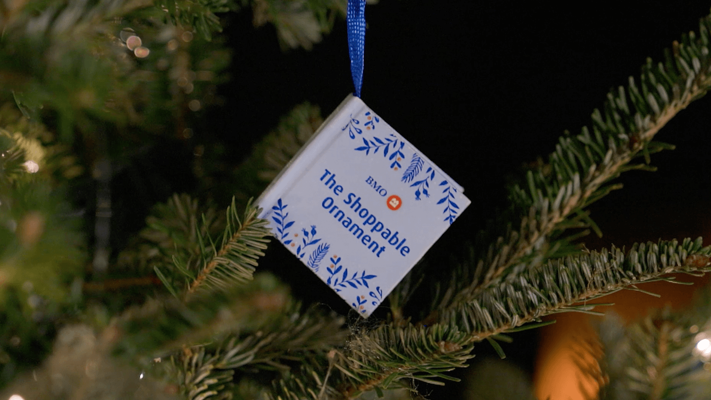 A small catalogue presented as an ornament hung on the branch of a tree.